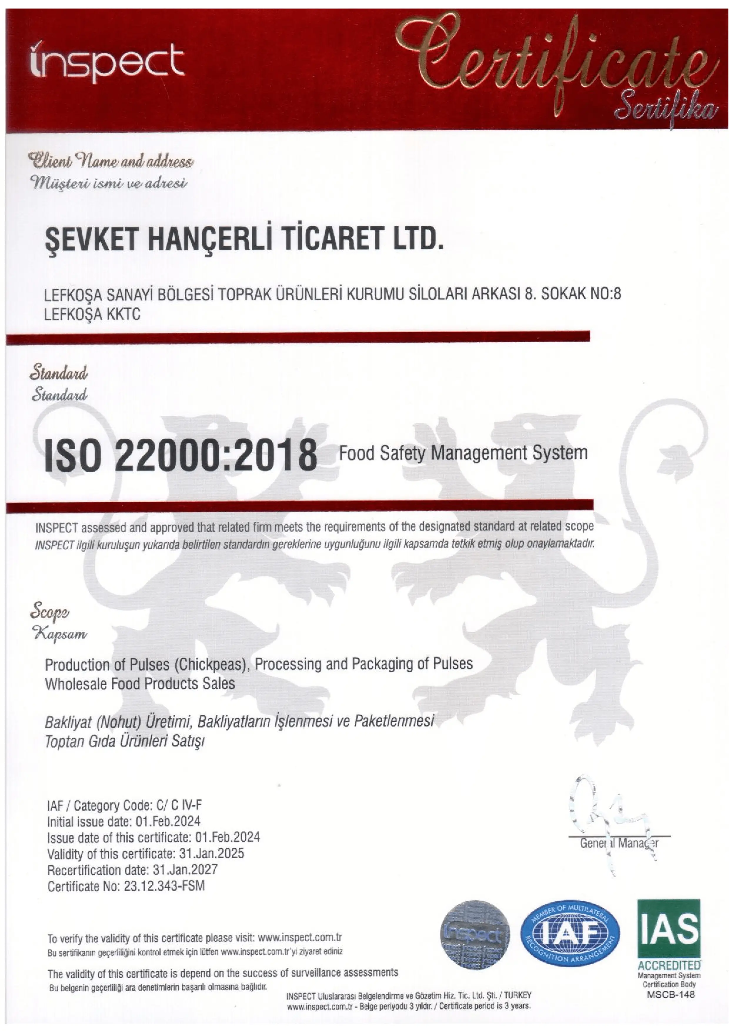 ISO 22000:2018 Sertifikası – Şevket Hançerli Tic. Ltd.