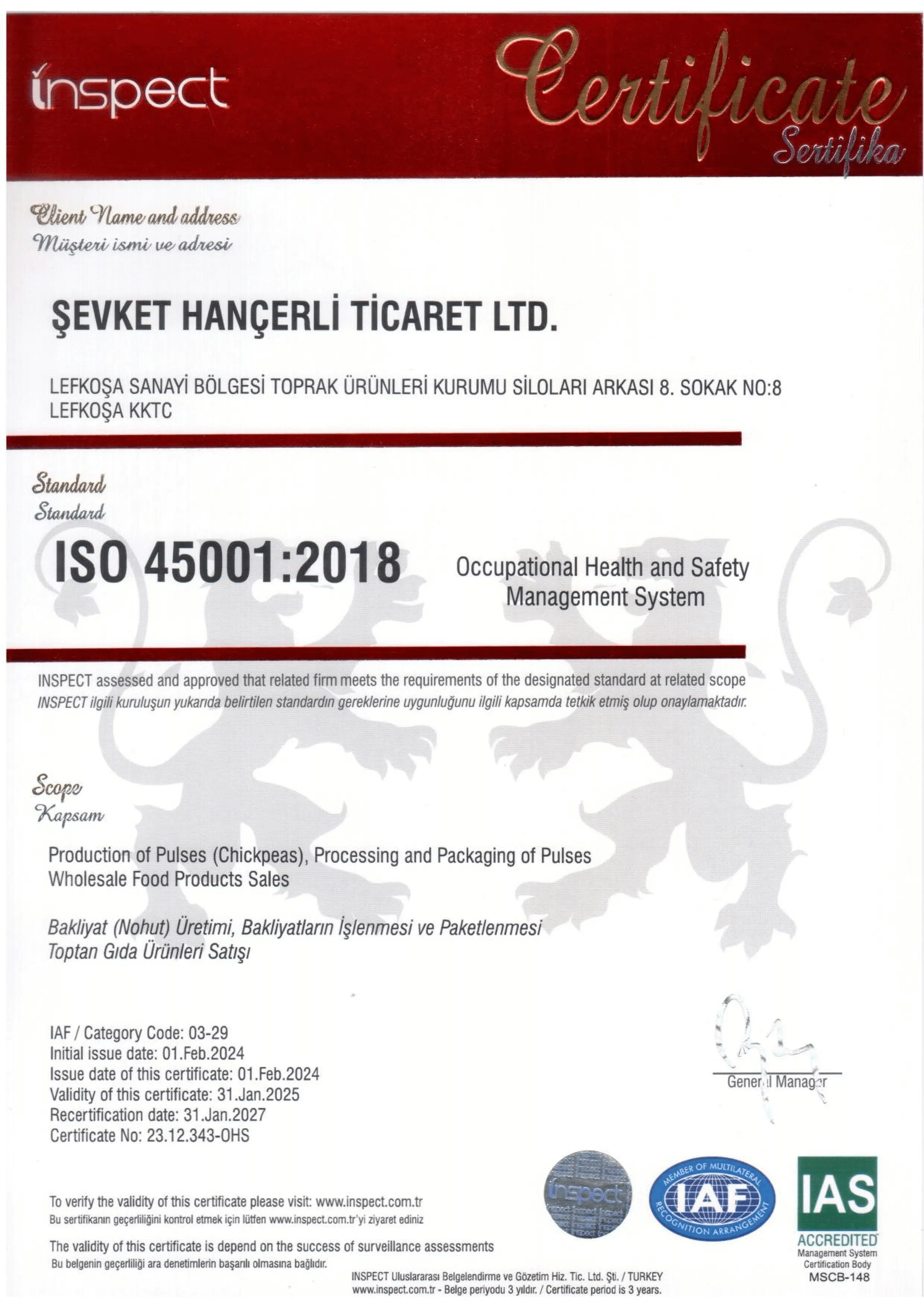 ISO 45001:2018 Sertifikası – Şevket Hançerli Tic. Ltd.