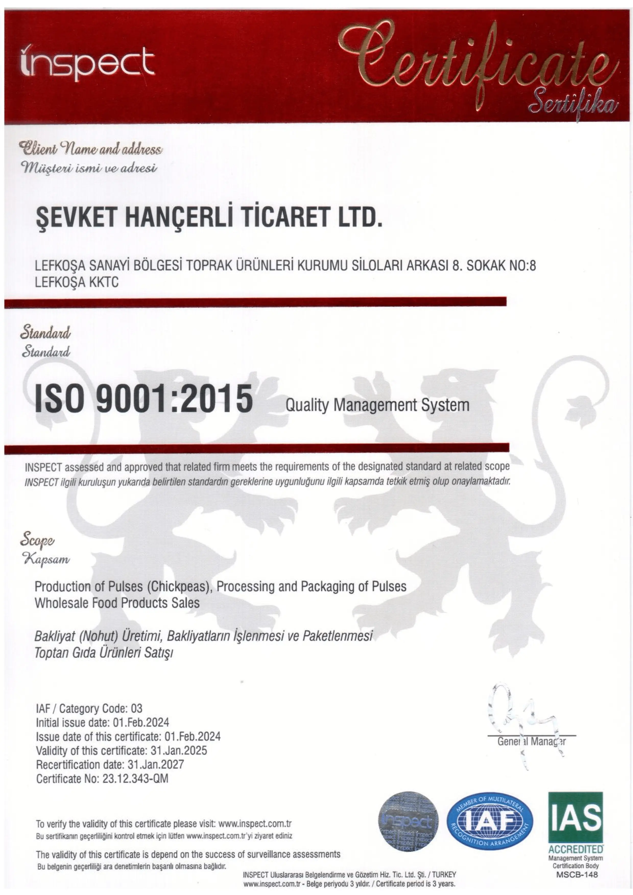 ISO 9001:2015 Sertifikası – Şevket Hançerli Tic. Ltd.
